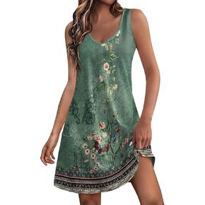 Women's Summer Dresses 2024 Beach Casual Sleeveless Floral Print Boho Tank Dress V Neck Loose Sundress with Pocket