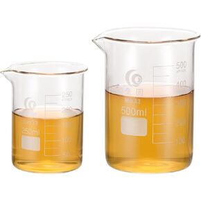 PATIKIL 250/500ml Low Form Glass Beaker, 2Pcs 3.3 Borosilicate Glass Beakers Graduated Measuring Cup with Spout for Lab Experiment, Cooking and Baking, Clear