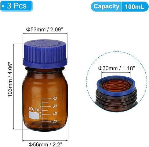 PATIKIL 3 Pack Reagent Media Storage Bottles, 50ml Borosilicate Glass Graduated Round Bottles with GL32 Blue Screw Cap for Lab Water Reagent Liquids, Amber in Saudi Arabia