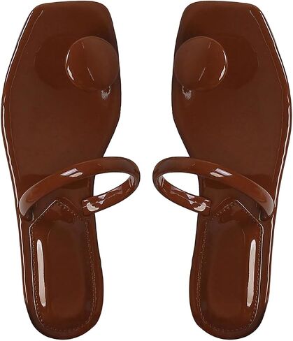 SweatyRocks Women's PU Leather Open Square Toe Thong Sandals Round Decor Outdoor Flat Sandals in Kuwait
