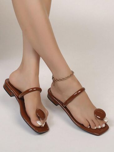 SweatyRocks Women's PU Leather Open Square Toe Thong Sandals Round Decor Outdoor Flat Sandals in Kuwait