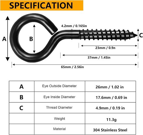 15 PCS Stainless Screw Eyes, 2.56 Inch Screw Hooks Black Self-Tapping Heavy Duty Eye Bolt, 80 Lbs Capacity in Saudi Arabia