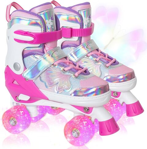 Nattork Kids Roller Skates for Girls Boys Kids, 4 Sizes Adjustable Quad Skates Butterfly and Flower with All Light up Wheels - Birthday Gift for Indoor Outdoor Sports in Saudi Arabia