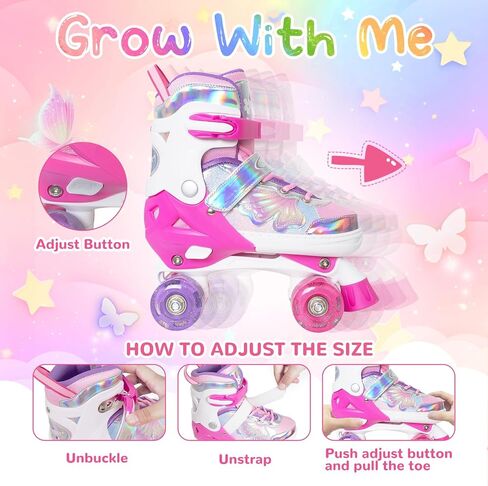 Nattork Kids Roller Skates for Girls Boys Kids, 4 Sizes Adjustable Quad Skates Butterfly and Flower with All Light up Wheels - Birthday Gift for Indoor Outdoor Sports in Saudi Arabia
