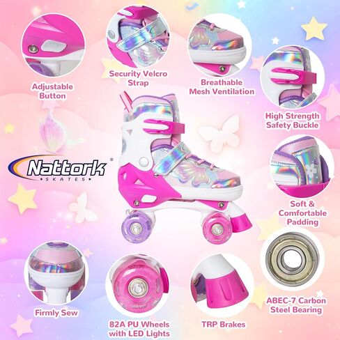 Nattork Kids Roller Skates for Girls Boys Kids, 4 Sizes Adjustable Quad Skates Butterfly and Flower with All Light up Wheels - Birthday Gift for Indoor Outdoor Sports in Saudi Arabia