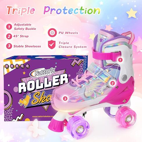 Nattork Kids Roller Skates for Girls Boys Kids, 4 Sizes Adjustable Quad Skates Butterfly and Flower with All Light up Wheels - Birthday Gift for Indoor Outdoor Sports in Saudi Arabia