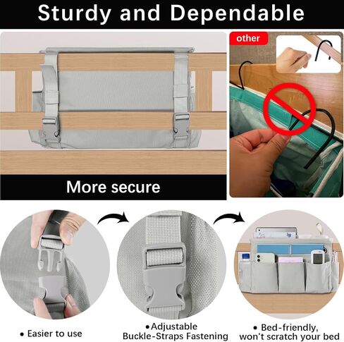 WOMACO Bedside Storage Organizer, Bunk Loft Bed Side Caddy with Adjustable Strap Buckles, College Dorm Bed Hanging Basket for Dorm, Bunk, Loft, Hospital Bed (Light Mica Gray, Medium) in Saudi Arabia