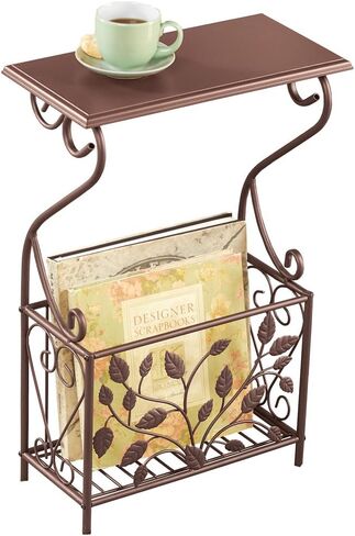 Collections Etc Scroll Leaves Iron and Wood Magazine Holder Side Table, Bronze Colored Finish in Saudi Arabia