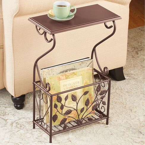 Collections Etc Scroll Leaves Iron and Wood Magazine Holder Side Table, Bronze Colored Finish in Saudi Arabia