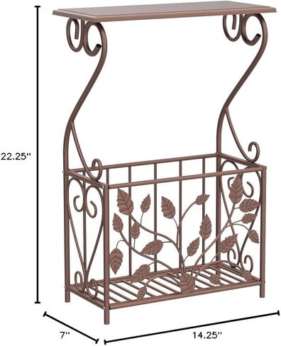 Collections Etc Scroll Leaves Iron and Wood Magazine Holder Side Table, Bronze Colored Finish in Saudi Arabia