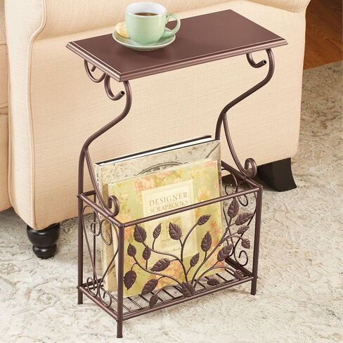 Collections Etc Scroll Leaves Iron and Wood Magazine Holder Side Table, Bronze Colored Finish in Saudi Arabia
