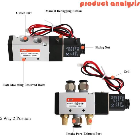 RIH Pneumatics Solenoid Valve 1/4"NPT DC12V Single Coil Pilot-Operated Electric 5Way2Position 4V210 WithJunctionBox (DC12V JunctionBox, 1/4‘’) in Saudi Arabia