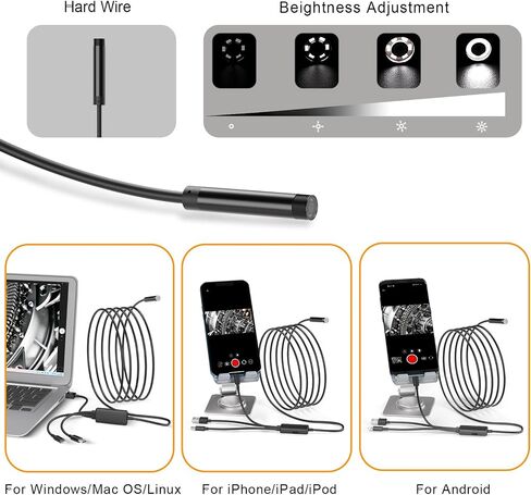 كاميرا المنظار مع ضوء iPhone IP67 مقاوم للماء 5.5 مم كاميرا التنظير 6.5 قدم كاميرا ثعبان شبه صلبة iPhone/Typc-c/USB-C أدوات محول مجانية للرجال 2024 in Saudi Arabia