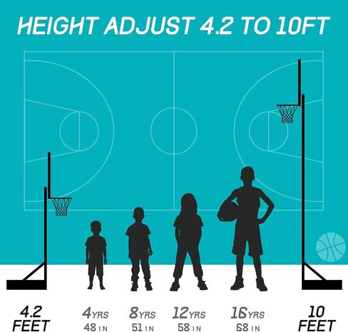 Sweetcrispy Portable Basketball Hoop Outdoor 4.2-10ft Adjustable Height for Kids/Youth/Adult, 44 Inch Shatterproof Backboard/Shock Absorbent Rim, Fillable Base, 2 Wheels for Backyard/Driveway in Saudi Arabia
