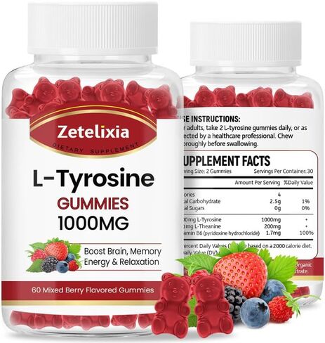 L Tyrosine Gummies 1000mg,L-Theanine Supplement Gummy 200mg,Sugar Free L-Tyrosine with Vitamin B6 Energy Supplements for Adults & Kids - Vegan(60 Count) in Saudi Arabia