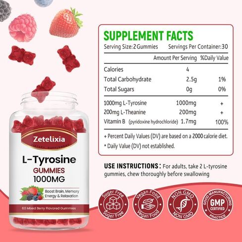 L Tyrosine Gummies 1000mg,L-Theanine Supplement Gummy 200mg,Sugar Free L-Tyrosine with Vitamin B6 Energy Supplements for Adults & Kids - Vegan(60 Count) in Saudi Arabia