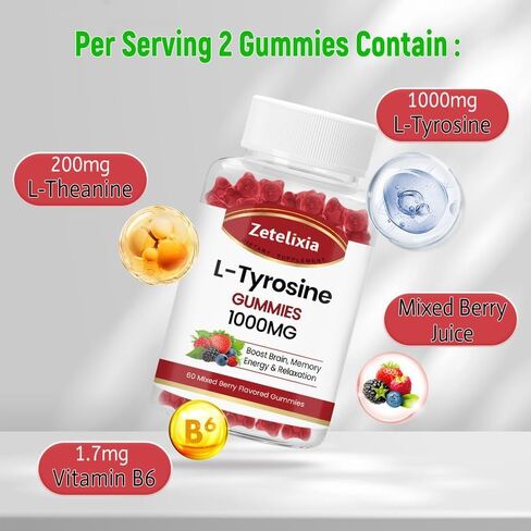 L Tyrosine Gummies 1000mg,L-Theanine Supplement Gummy 200mg,Sugar Free L-Tyrosine with Vitamin B6 Energy Supplements for Adults & Kids - Vegan(60 Count) in Saudi Arabia