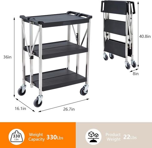 عربة أدوات قابلة للطي، عربة معدنية قابلة للطي من 3 طبقات مع عجلات دوارة 360 درجة قابلة للقفل، سعة تحميل 133 رطل لكل رف، عربة أدوات محمولة لمكتب المرآب في الهواء الطلق in Kuwait