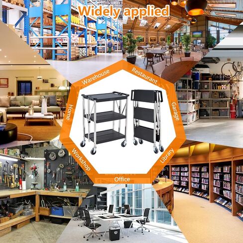 عربة أدوات قابلة للطي، عربة معدنية قابلة للطي من 3 طبقات مع عجلات دوارة 360 درجة قابلة للقفل، سعة تحميل 133 رطل لكل رف، عربة أدوات محمولة لمكتب المرآب في الهواء الطلق in Kuwait