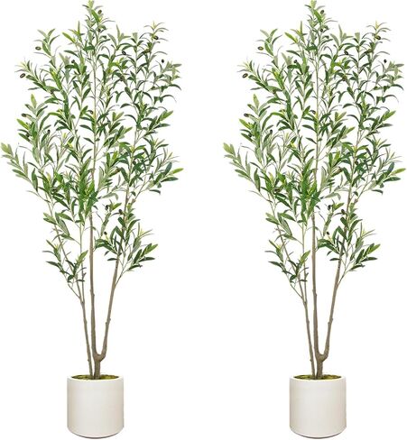 2Pack Tall Faux Olive Tree, 6FT Olive Trees Artificial Indoor with Large White Planter and Natural Wood Trunk and Realistic Leaves, Fake Olive Tree for Home House Office Décor in Saudi Arabia