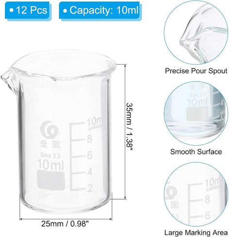 PATIKIL 25ml Low Form Glass Beaker, 12Pcs 3.3 Borosilicate Glass Beakers Graduated Measuring Cup with Spout for Lab Experiment, Cooking and Baking, Clear in Saudi Arabia