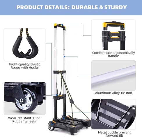 Folding Luggage Cart, Hand Truck 2 Wheels with Elastic Ropes, Solid Aluminum Utility Dolly Platform Cart, Compact and Portable Trolley for Moving Luggage, Backpack, Travel Moving and Office Use in Saudi Arabia