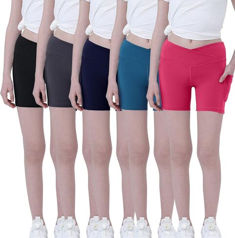 Youth Girls 5" Volleyball Bike Shorts 5-Pack - Kids Running Yoga Athletic Gymnastics Short with Pockets-Cross Waisted in Saudi Arabia