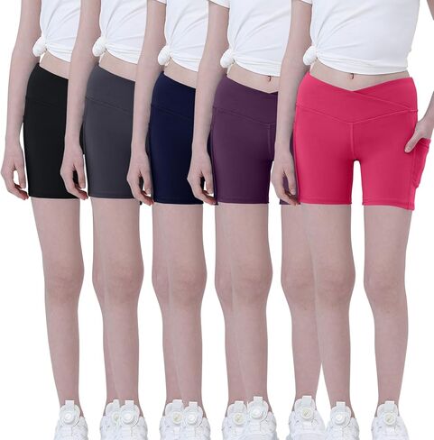 Youth Girls 5" Volleyball Bike Shorts 5-Pack - Kids Running Yoga Athletic Gymnastics Short with Pockets-Cross Waisted in Saudi Arabia