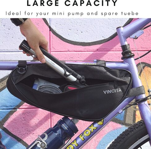 حقيبة إطار دراجة Vincita - حقيبة تخزين مثلثة للدراجة باللون الأسود مع حزام كتف أسفل الأنبوب العلوي لدراجات الطرق والدراجات الجبلية وفتحة سحاب كبيرة على كلا الجانبين - ملحقات الدراجة in Kuwait