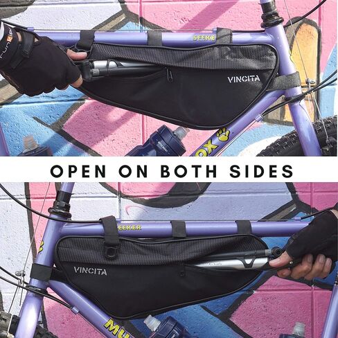 حقيبة إطار دراجة Vincita - حقيبة تخزين مثلثة للدراجة باللون الأسود مع حزام كتف أسفل الأنبوب العلوي لدراجات الطرق والدراجات الجبلية وفتحة سحاب كبيرة على كلا الجانبين - ملحقات الدراجة in Kuwait