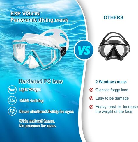 Snorkel Diving Mask, Ultimate Pano 3 HD Snorkeling Mask Anti-Fog Swim Mask Goggles with Nose Cover Adults & Youth for Diving, Snorkeling and Swimming in Kuwait