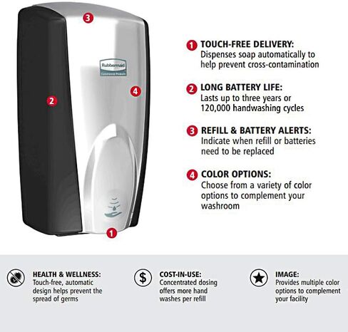 Rubbermaid Commercial Products Technical Concepts Touch-Free Auto Foam Soap Dispenser, Chrome, 10.9" x 5.2" x 5.2", For School/Restaurant/Office/Airport Bathrooms in Kuwait