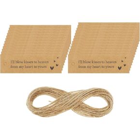 ECSiNG 25 Pcs Kraft Commemorative Meaningful Funeral Favour Tags Card with Hemp Rope Blow 'Kisses' to Heaven Remembrance Funeral DIY Signs and Personalised Tag Favours