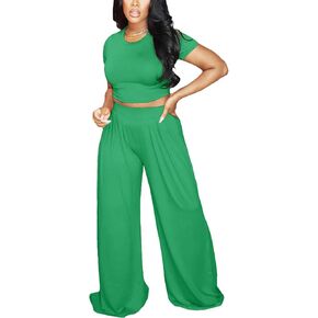 Womens Summer Casual 2 Piece Outfit Sexy Crew Neck T-Shirt Crop Top High Waist Wide Leg Long Palazzo Pants Set