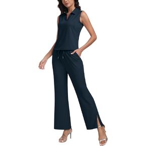 MoFiz Women's Summer 2 Piece Casual Outfits Tracksuit Sweatsuit Lounge Set Sleeveless Polo Short Sleeve T-Shirt Wide Leg Pant