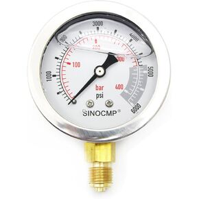 SINOCMP 40Mpa/0-400bar/0-6000PSI Economical Multi Purpose Double Scale Stainless Steel Glycerin Filled Hydraulic Pressure Gauge