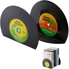 Modern Bookends for Shelves, Retro Vinyl Record Design Bookends Decorative Bookends for Vintage Lovers, Music Lovers Decorative Book Stopper for Home (1 Pair） (black)