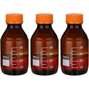 PATIKIL 3 Pack Reagent Media Storage Bottles, 50ml Borosilicate Glass Graduated Round Bottles with GL32 Blue Screw Cap for Lab Water Reagent Liquids, Amber