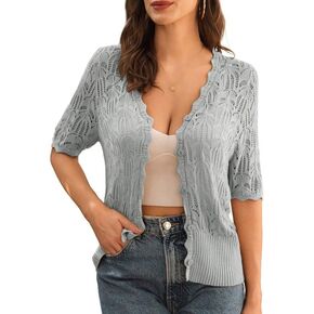 GRACE KARIN Women's Summer Short Sleeve Cardigan Lightweight Knit Sweaters Hollow Out V Neck Bolero Button Down Shrugs