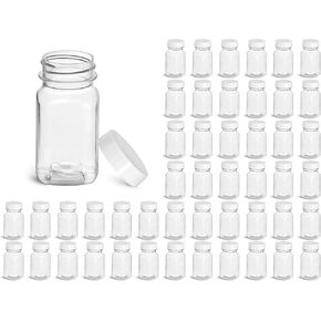 48 Pack Empty Plastic Bottles, 2 oz Clear PET Square Bottles with PE Lined White Plastic Caps, Refillable Bottles, Small Plastic Bottles for Travel, Samples, Vitamins, Supplements, Lotions, Bath Salts