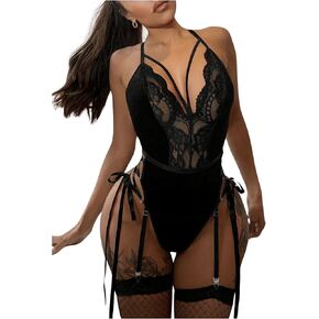 COZYEASE Women's 3 Piece Lingerie Set Lace Harness Teddy Bodysuit Hollow Out Crisscross Garter Babydolls with Stockings