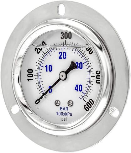 PIC Gauges PRO-204L-254R Panel Mount Front Flanged Glycerin Filled Industrial Pressure Gauge w/ SS Case, Brass Internals, Plastic Lens, 2.5" Dial, 0/5000 psi Range, 1/4" Male NPT in Saudi Arabia