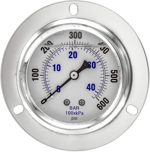 PIC Gauges PRO-204L-254R Panel Mount Front Flanged Glycerin Filled Industrial Pressure Gauge w/ SS Case, Brass Internals, Plastic Lens, 2.5" Dial, 0/5000 psi Range, 1/4" Male NPT in Saudi Arabia