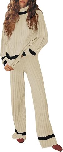 Pink Queen 2024 Fall Sweater Sets for Women 2 Piece Knitted Outfits Stripe Casual Pajamas Sweatsuit in Saudi Arabia