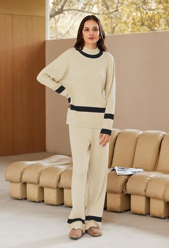 Pink Queen 2024 Fall Sweater Sets for Women 2 Piece Knitted Outfits Stripe Casual Pajamas Sweatsuit in Saudi Arabia
