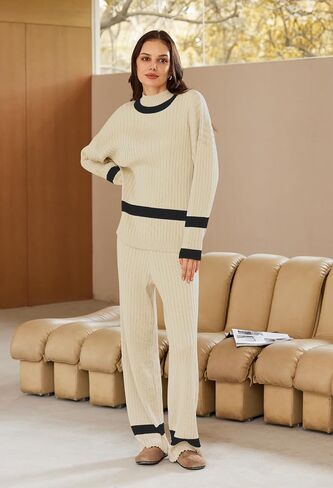 Pink Queen 2024 Fall Sweater Sets for Women 2 Piece Knitted Outfits Stripe Casual Pajamas Sweatsuit in Saudi Arabia