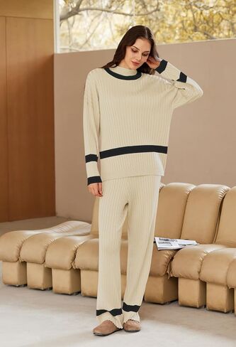 Pink Queen 2024 Fall Sweater Sets for Women 2 Piece Knitted Outfits Stripe Casual Pajamas Sweatsuit in Saudi Arabia