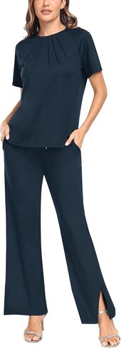 MoFiz Women's Summer 2 Piece Casual Outfits Tracksuit Sweatsuit Lounge Set Sleeveless Polo Short Sleeve T-Shirt Wide Leg Pant in Saudi Arabia
