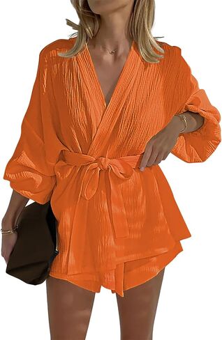 Pink Queen Women's 2 Piece Tracksuit Outfit Long Sleeve Belted Kimono Blouse High Waisted Shorts Lounge Sets in Saudi Arabia