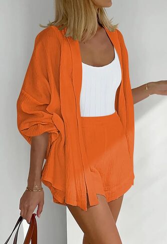Pink Queen Women's 2 Piece Tracksuit Outfit Long Sleeve Belted Kimono Blouse High Waisted Shorts Lounge Sets in Saudi Arabia